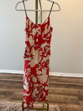 10 Crosby Derek Lam Red and Cream Floral Midi Dress with Black Spaghetti Straps